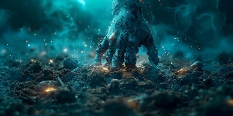 Spooky digital art of a cemetery at night with a hand emerging from the soil. Concept Horror Art, Cemetery Scene, Creepy Visuals, Dark Aesthetic, Digital Illustration