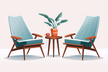 Retro armchairs and a coffee table in a mid-century modern living room interior, with a potted plant on the table.