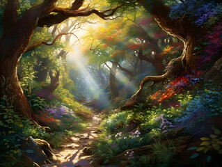 Beautiful autumn forest with sunbeams and lens flare effect.