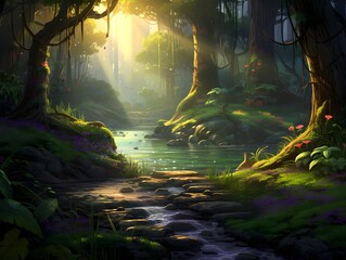 Digital painting of a river flowing through a forest with sunbeams