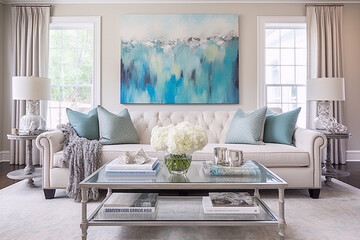 An abstract painting in blue and white colors is hanging on the wall above a white sofa in a modern living room interior with coastal accents.
