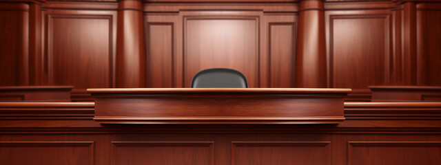Classical interior of a courtroom with a judge's chair and a wooden judge's bench in a 3D illustration. - obrazy, fototapety, plakaty