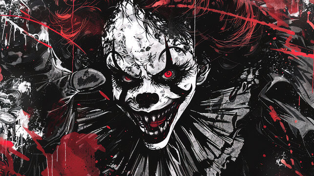 Horror clown anime manga illustration black and white scene