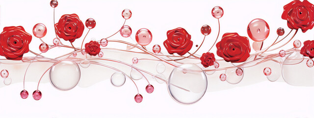 3D rendering of red roses and bubbles on a white background in a minimalist style