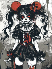 Horror clown anime manga illustration black and white scene