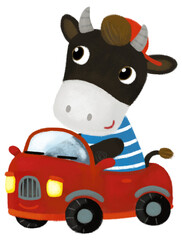 Naklejka premium cartoon scene with farm cow bull boy child driving car transportation illustration for children