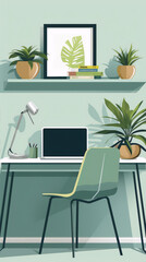 A minimalist home office with a green chair, a desk, a lamp, a laptop, books, a frame and plants in pots on a shelf in the background in a flat color style.