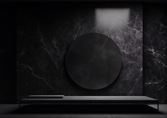 Dark marble interior with a round mirror and a wooden shelf in a contemporary style