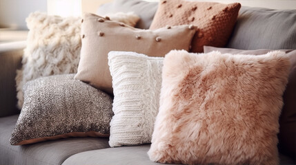 A variety of throw pillows in neutral colors arranged on a couch.