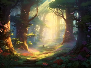 Digital painting of a fantasy forest with path and trees in the sunlight