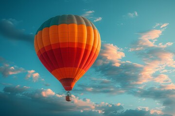 A hot air balloon is floating in the sky above a cloudy blue sky