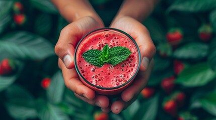 Selective focus  refreshing strawberry smoothie for detox diet   healthy vegetarian eating concept - obrazy, fototapety, plakaty