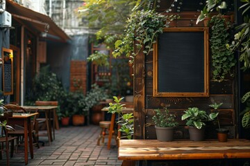 A patio with a wooden table and chairs, a blackboard on the wall