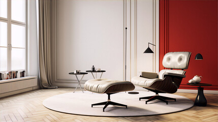 Obraz premium Minimalist living room interior with white walls, red accent wall, and mid-century modern furniture