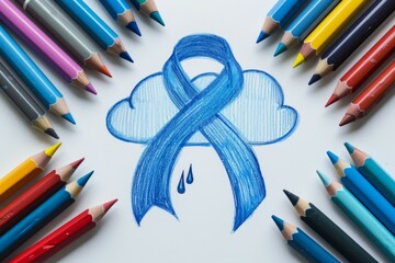 A blue ribbon with a drop of water on it is drawn on a white background
