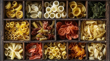 Pasta assorted. Set of different types of paste in the cells of a wooden box. - obrazy, fototapety, plakaty
