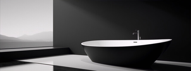 Black and white bathtub interior design with large window and mountain view in minimalist style