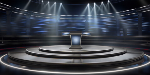 futuristic game show stage with podium and spotlights, interior, 3d rendering