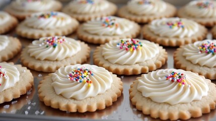 Professional food photography of frosted sugar cookies with colorful sprinkles for enticing visuals
