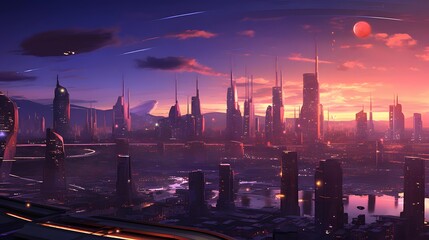 panoramic view of the city of skylines at sunset