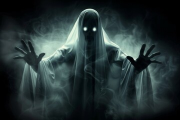 A ghostly figure with glowing eyes is surrounded by smoke - obrazy, fototapety, plakaty
