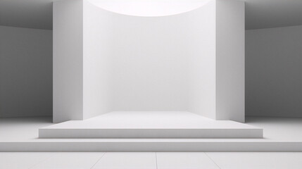 3D rendering of an empty white room with a stage in the center.