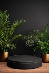 Black and green still life with plants and podium in 3D rendering
