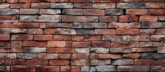 Detailed view of a brick wall showing a combination of red and gray colors, highlighting the texture and pattern of the bricks