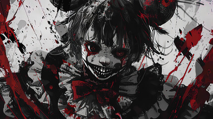 Horror clown anime manga illustration black and white scene