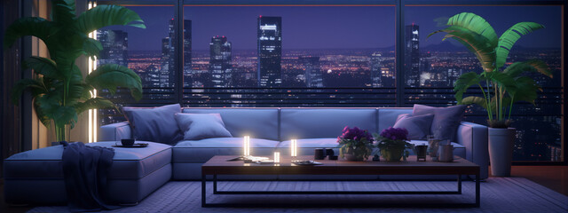 A modern living room with a large sofa, coffee table, plants, and a view of the city at night in the background, done in a realistic style.