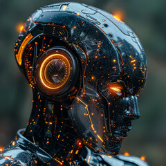 A robot with a metallic head and a pair of headphones. The robot is surrounded by a lot of glowing sparks, giving the impression of a futuristic, sci-fi setting