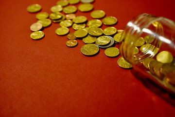 coins on a red rose background
