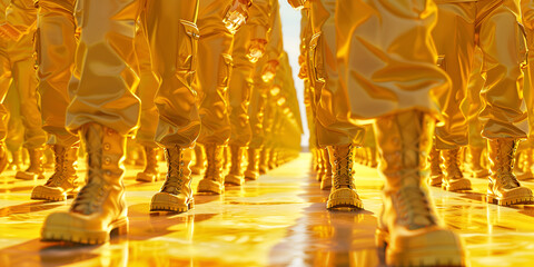 golden buddha statue in temple, Section of soldiers legs in military uniform and boots standing in line at camp american army, Cultural Heritage: Golden Buddha in Temple Sanctuary, Generative AI, 