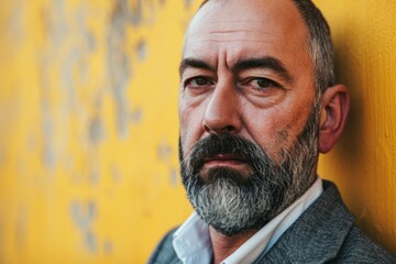 Portrait of a man with a gray beard on a yellow background