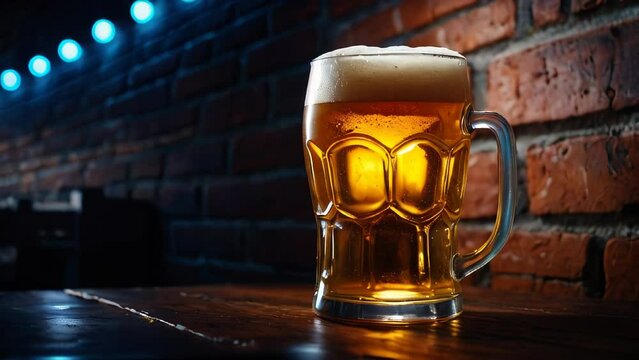 Close-up of a freshly poured glass of light beer with foam on a bar counter or wooden table against a background of a blurred country pub with dim lighting
