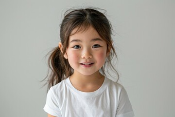 A young girl with long hair and a white shirt is smiling