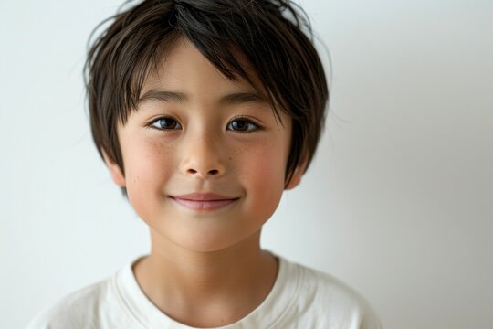 A young boy with brown hair and a white shirt is smiling at the camera