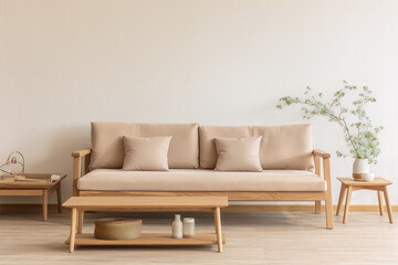 Minimalist living room interior with wooden furniture and neutral colors in Scandinavian style