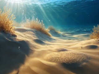 sand underwater, depicting grains of sand gently illuminated by sunlight filtering through the water, with subtle ripples and currents