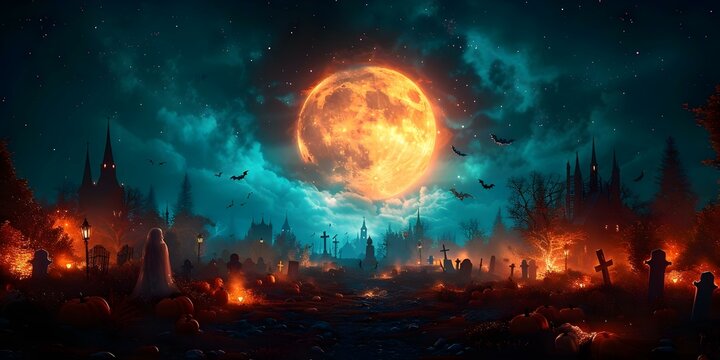 Enchanting Halloween Scene with Moon, Pumpkins, Trees, Graveyard, Ghosts, and Mysterious Night Backdrop. Concept Halloween Photoshoot, Moonlit Backdrop, Spooky Props, Ghostly Characters