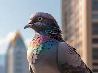 A majestic pigeon perched atop a skyscraper its irides.