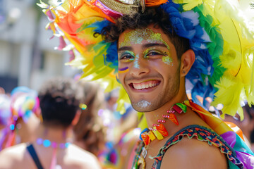 Man at gay pride parade, smiling homosexual man filled with colorful feathers in streets filled...