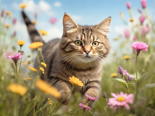 Obraz premium A playful tabby cat chasing a butterfly through a fiel.