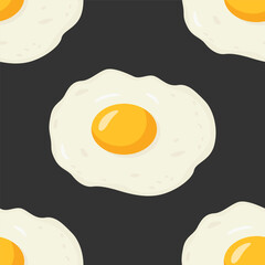 Vector Seamless Pattern with Flat Fried Egg, Omelet on a Black Background. Healthy Breakfast, Protein Food, Diet Meal Concept. Design Template