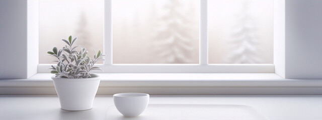 Minimalistic still life 3D render of a white cup and a potted plant on a white table by a window
