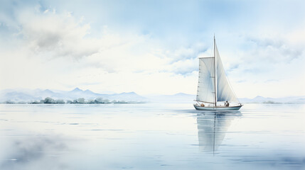 Fototapeta premium A detailed watercolor composition showcasing a minimalist boat sailing on calm waters with clean, curved lines and a serene atmosphere.