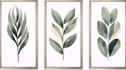 Set of 3 watercolor botanical art prints featuring various green leaves on a white background, perfect for a modern, minimalist, or natural interior. - obrazy, fototapety, plakaty