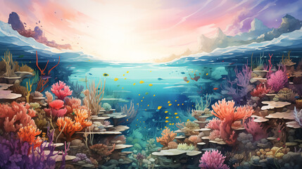 Fototapeta na wymiar Dive into the depths of a colorful coral reef with this vivid watercolor painting, capturing its rich and vibrant marine life.