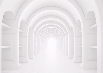 Futuristic empty white arched hallway interior with bright light at the end