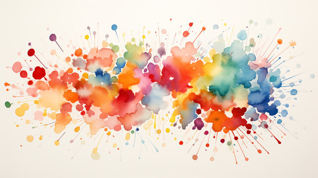 A vibrant explosion watercolor splashes artfully composed, creating a dynamic and playful array of colors that evoke joy and creativity.